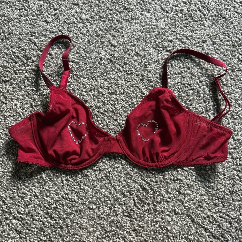 Victoria's Secret Red Satin Bra with Adjustable Straps and heart gems!